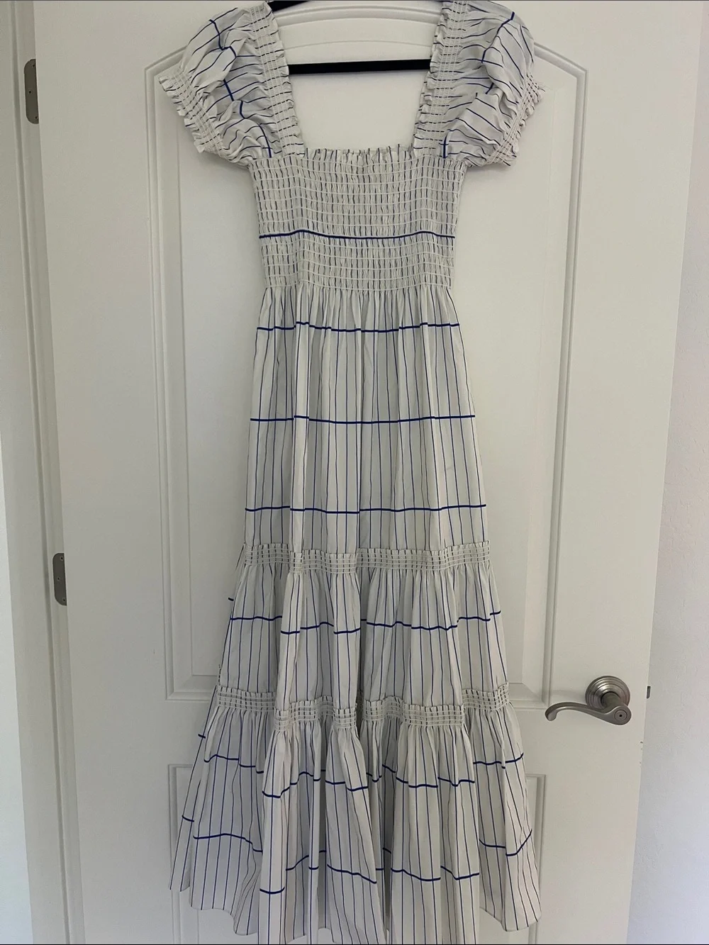 TORY BURCH SMOCKED COTTON MIDI DRESS Blue and white SIZE Small
